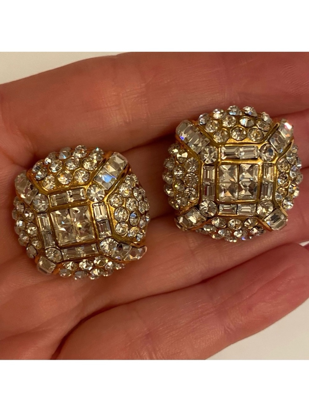 JARIN EARRINGS VINTAGE DOME GOLD PLATE PAVE CRYSTALS CLIP USA